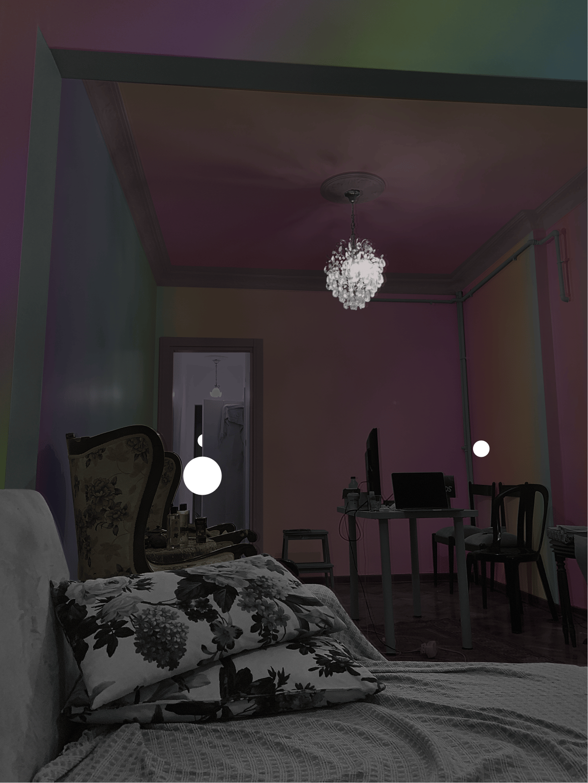 Interior design, Light fixture, Furniture, Ceiling, Lighting, Room, Home, Floor, Lampshade, Bedroom