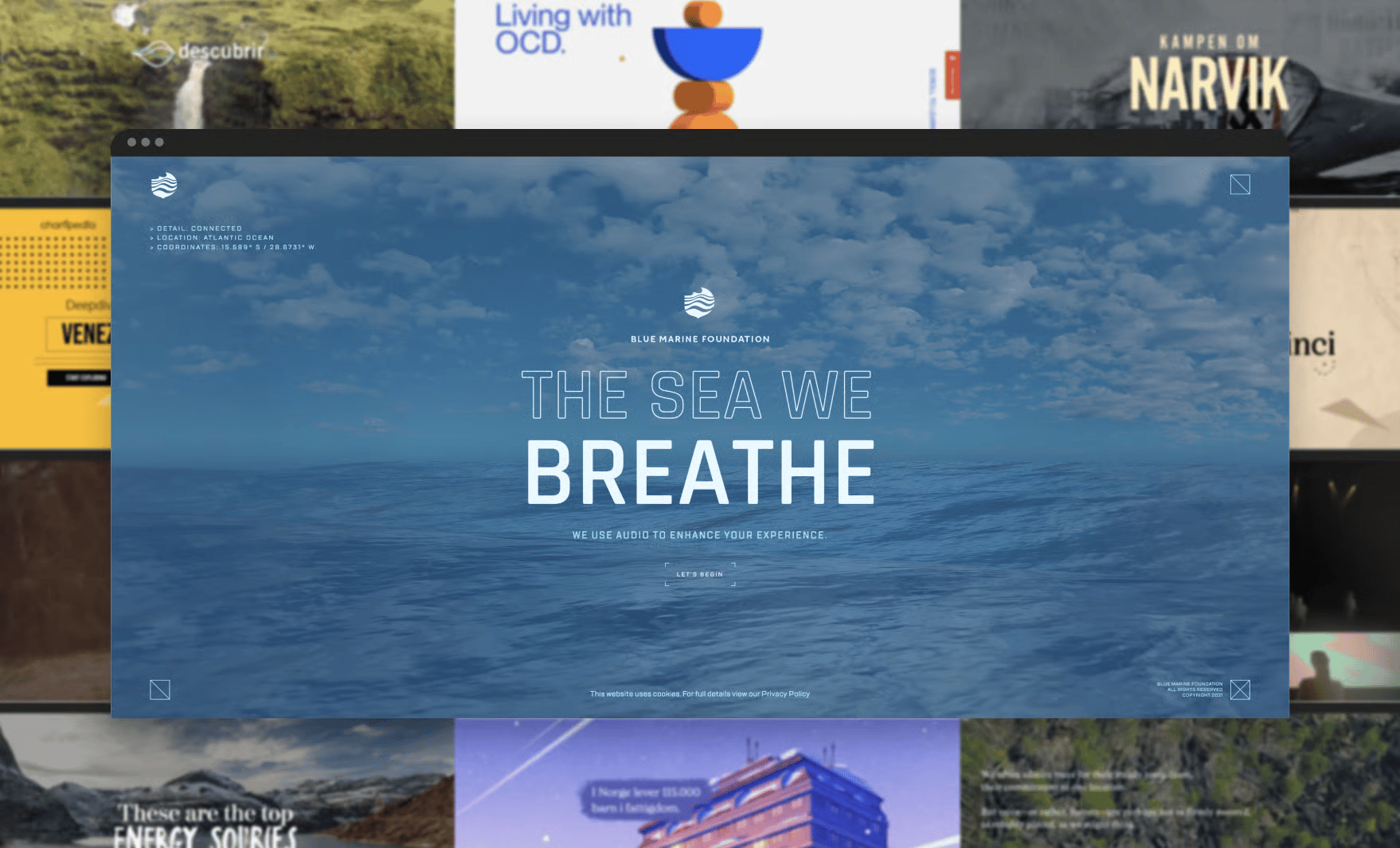 A Blue Marine Foundation website pop-up with ocean graphic and 'The Sea We Breathe' text, over other websites.