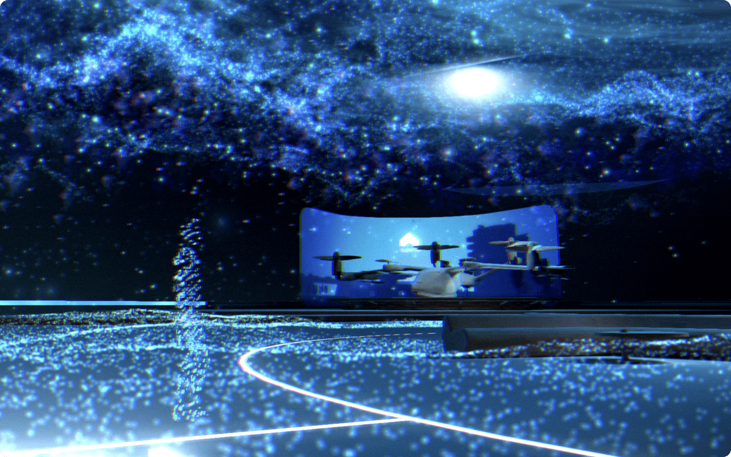 Futuristic scene with blue starry sky, glowing ground, screen with flying vehicles, and abstract figure.
