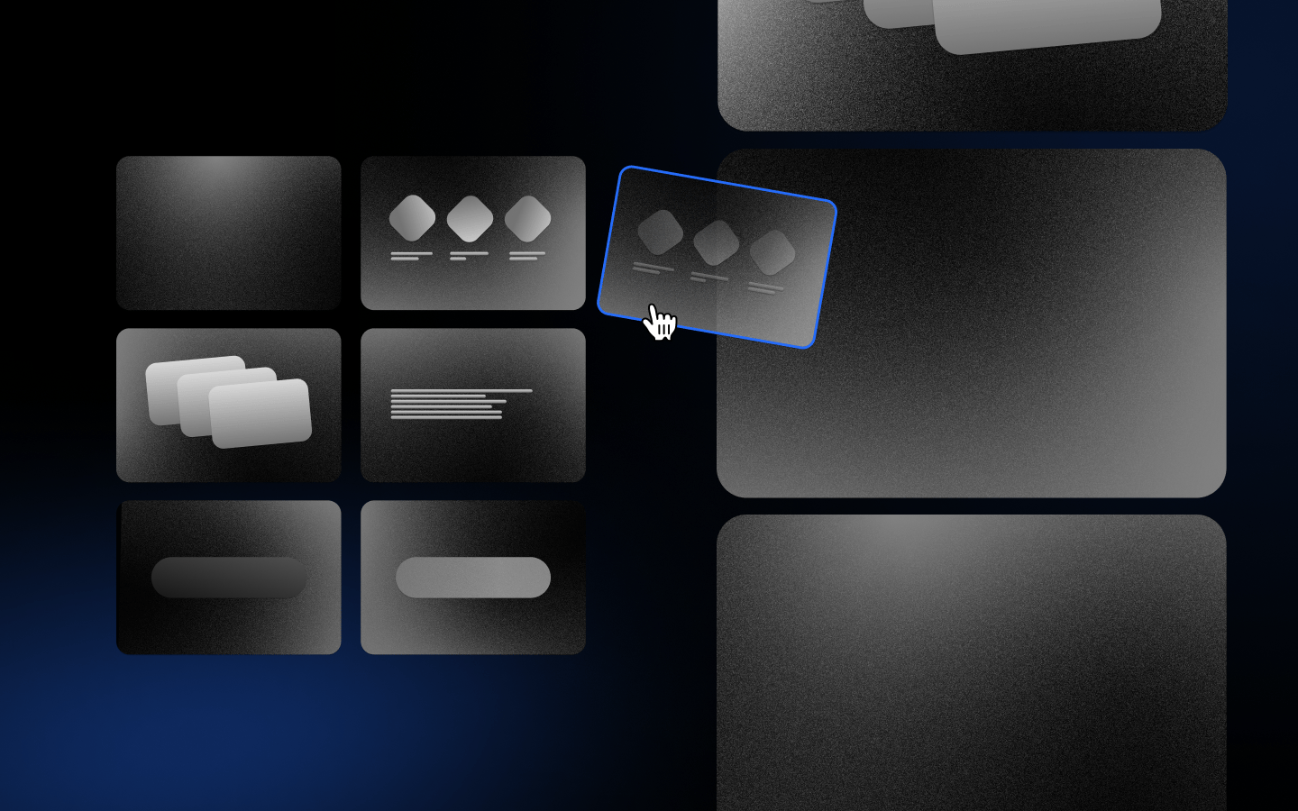 Grid of dark, textured cards with abstract icons; a cursor hovers over one, highlighted in blue.