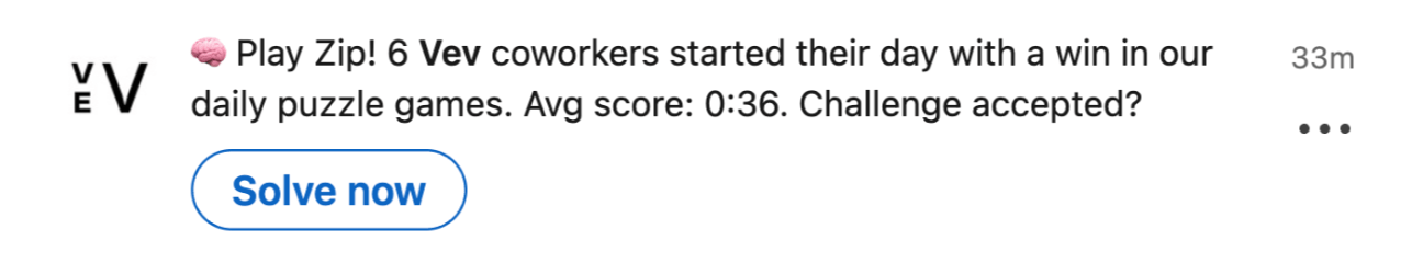 Vev puzzle game ad: 'Play Zip! Challenge accepted?' Avg score 0:36. Includes 'Solve now' button.