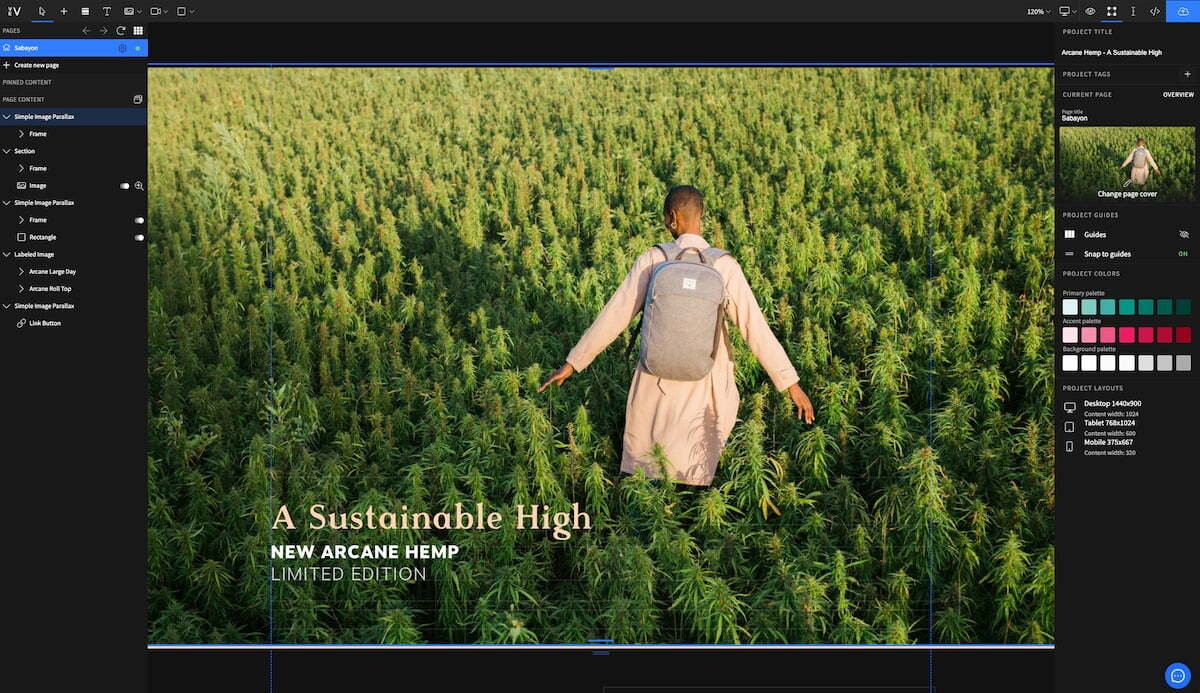 UI of design software showing ad for 'Arcane Hemp' with person in hemp field.