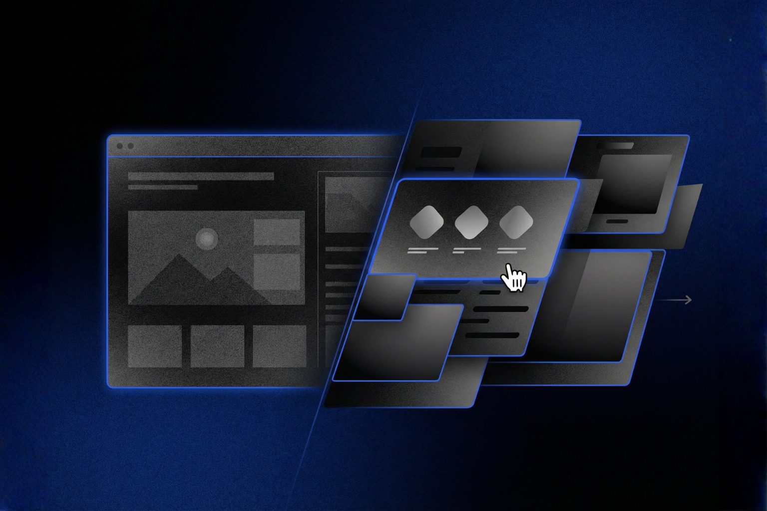 Illustration of a web interface transforming into dynamic, interactive components with a cursor.