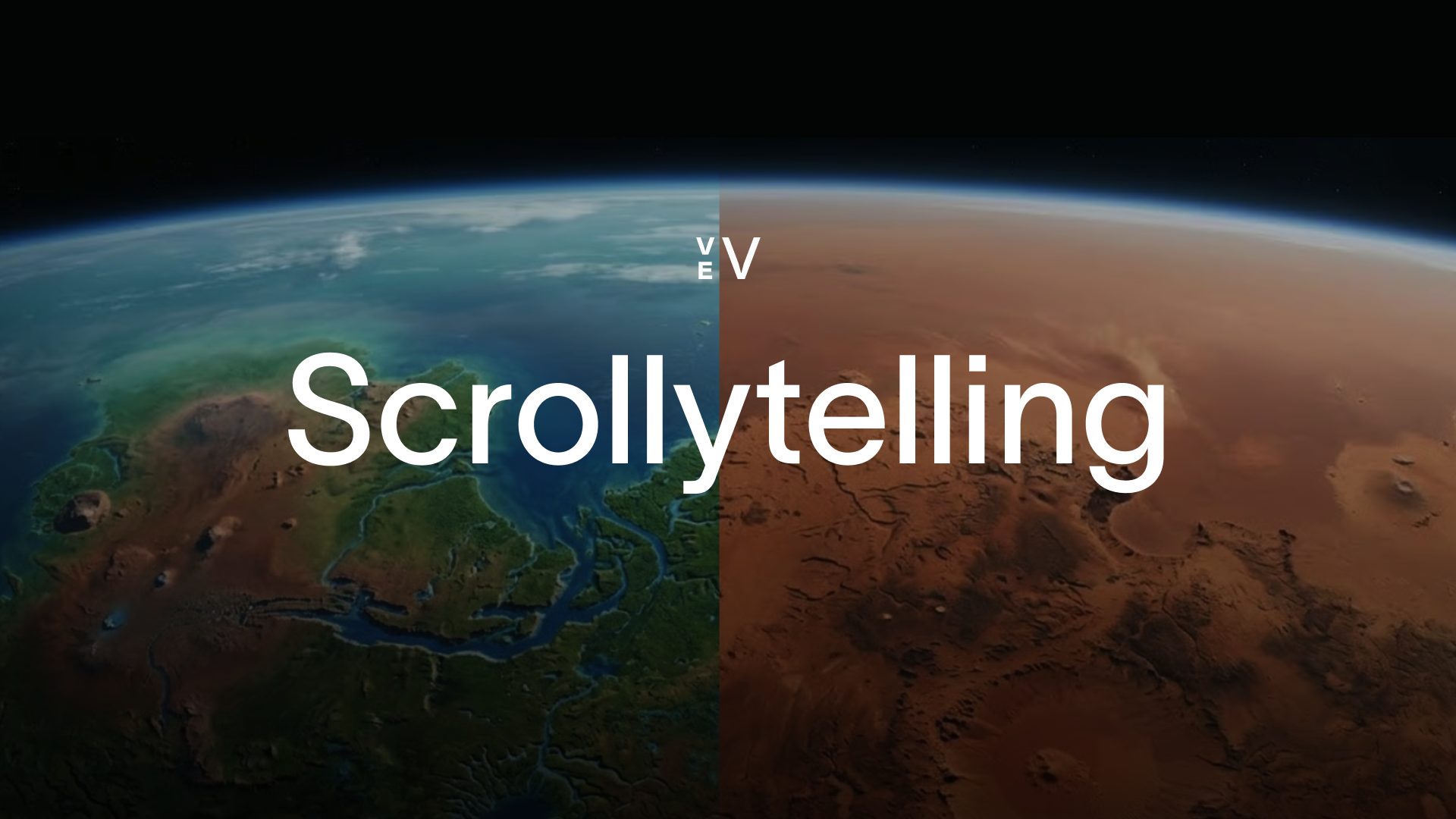 Split view of Earth and Mars, contrasting environments, with 'Scrollytelling' text.