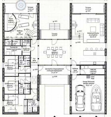 Floor plan of a house showing wellness spa, bedrooms, living, kitchen, dining, and garage.