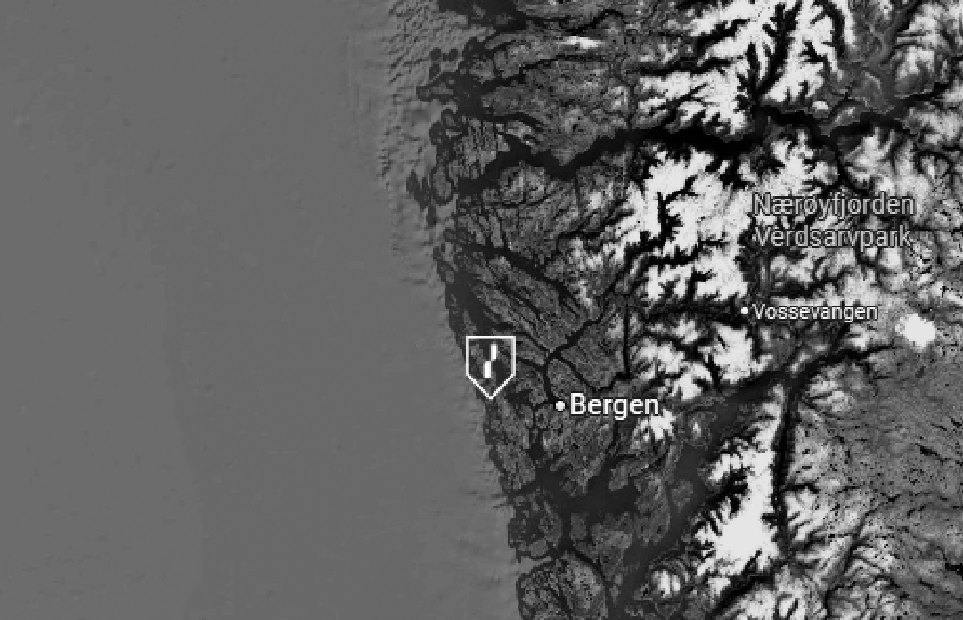 Grayscale map of Norway's western coast showing Bergen, Vossvangen, Nærøyfjorden, and a map marker.