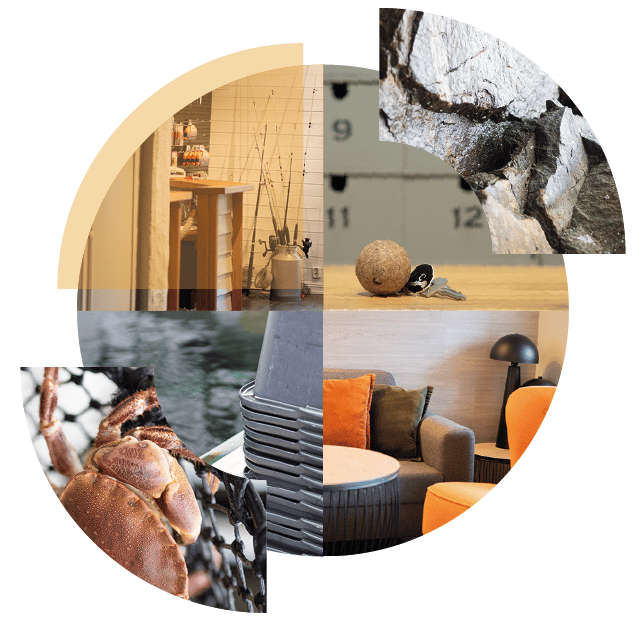 Circular collage of fishing rods, rock texture and keys, a crab in a net, and a modern living room.