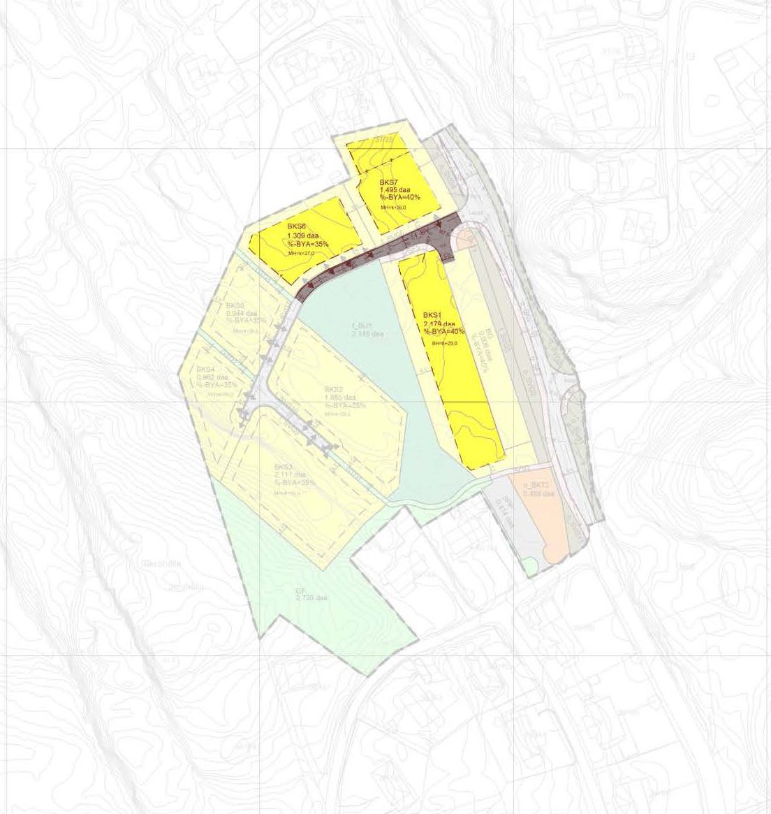 A zoning map showing land parcels (BKS1, BKS6, BKS7) with area and building regulations.