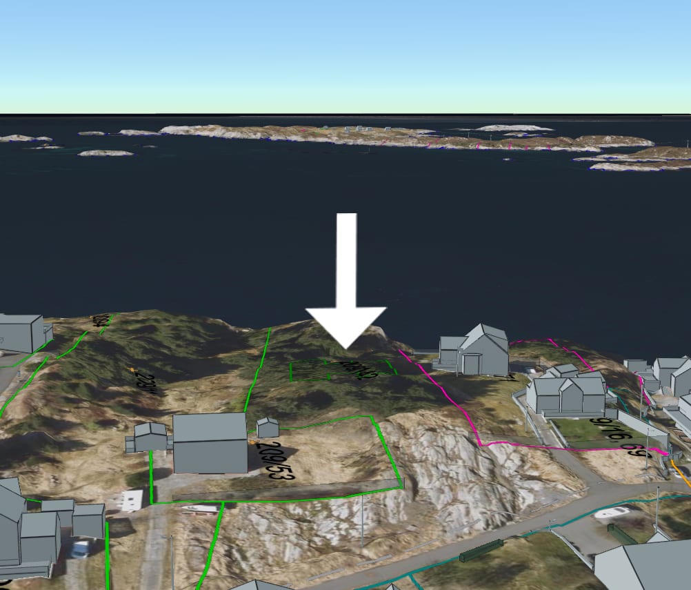 3D map of a coastal area with buildings and land parcels, an arrow points to a specific plot.