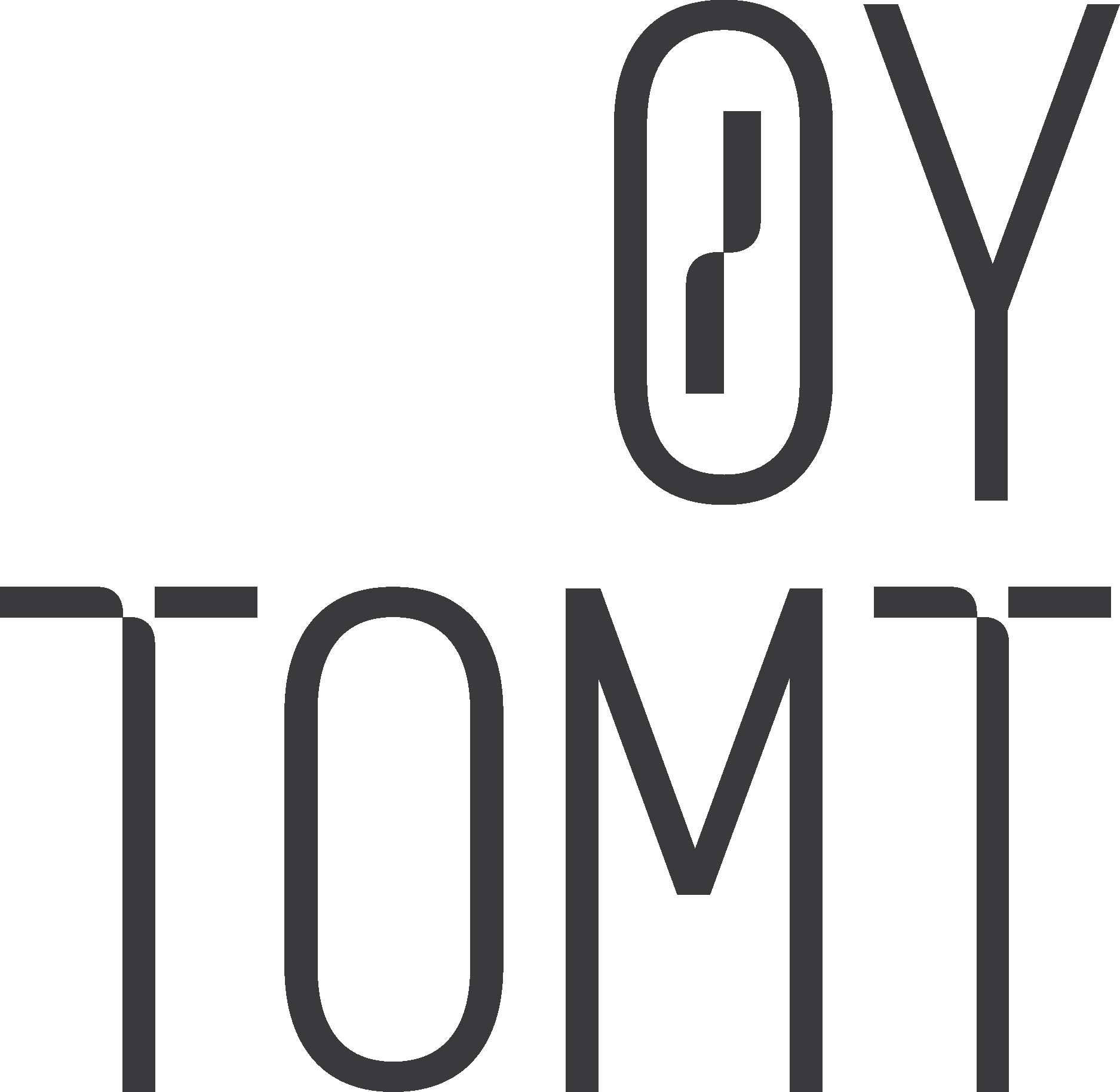 Logo with "OY" on top and "TOMT" below, dark grey text on a dark green background. The 'O' in 'OY' contains a stylized 'P'.