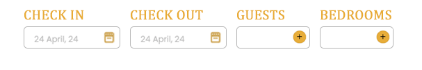 A booking form with input fields for 'Check In', 'Check Out' (24 April, 24), 'Guests', and 'Bedrooms'.