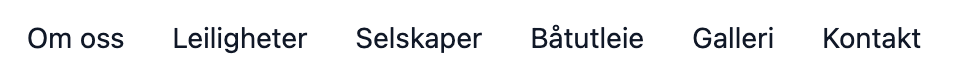 Navigation menu: Om oss, Leiligheter, Selskaper, Båtutleie, Galleri, Kontakt.
