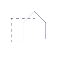 Outline of a house overlapping a dashed square, symbolizing property, land, or building plans.