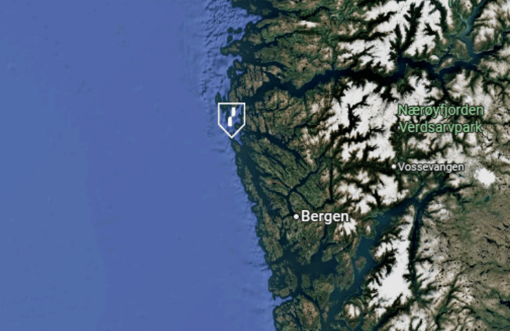 Satellite map of Norway's west coast, showing cities, a fjord, and a location marker.