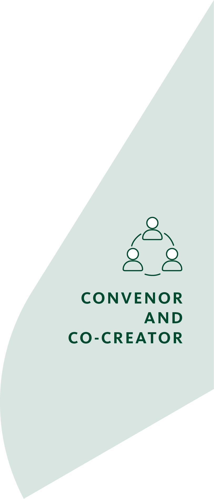Two-tone green background with three connected people icon and text 'CONVENOR AND CO-CREATOR'.
