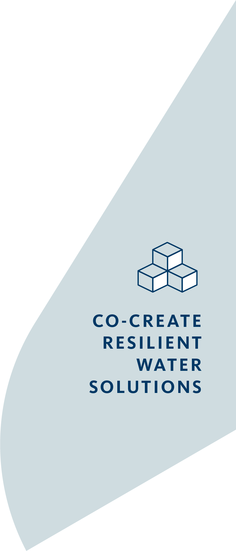 Icon of stacked cubes and text "CO-CREATE RESILIENT WATER SOLUTIONS" on green and light blue background.
