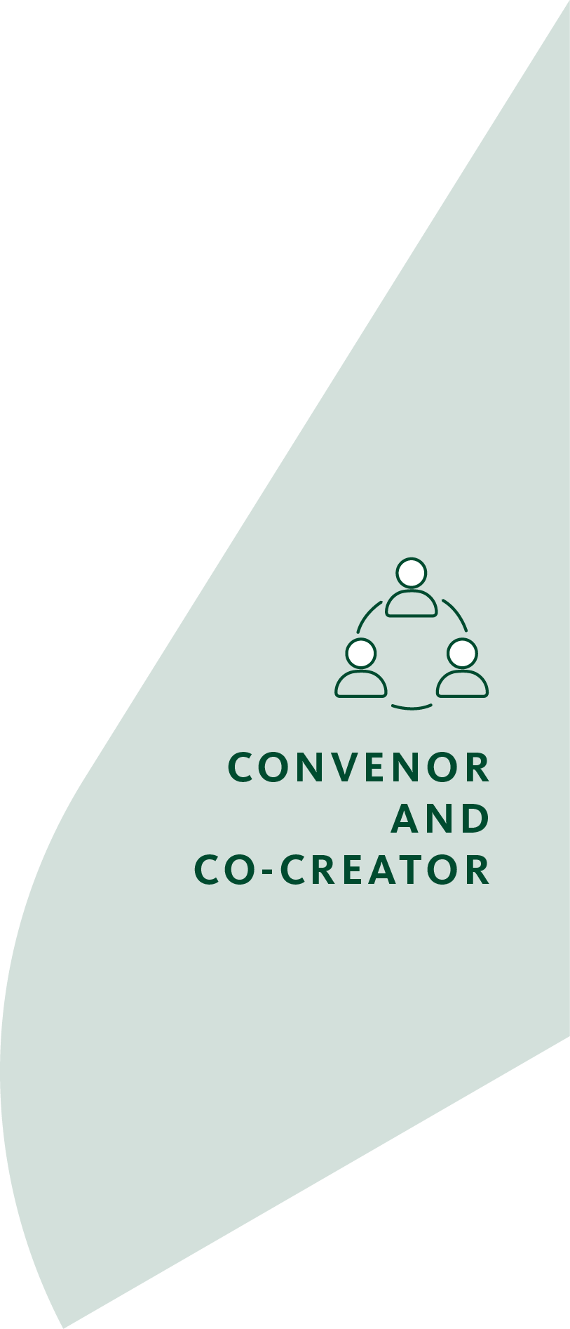 Graphic with three-person collaboration icon and text "CONVENOR AND CO-CREATOR" on a green background.