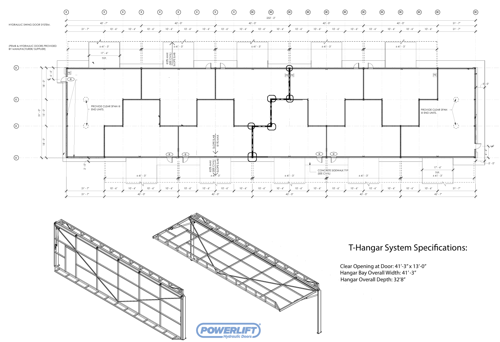 Architectural plan, dimensions, and specifications for a T-Hangar system with structural views.