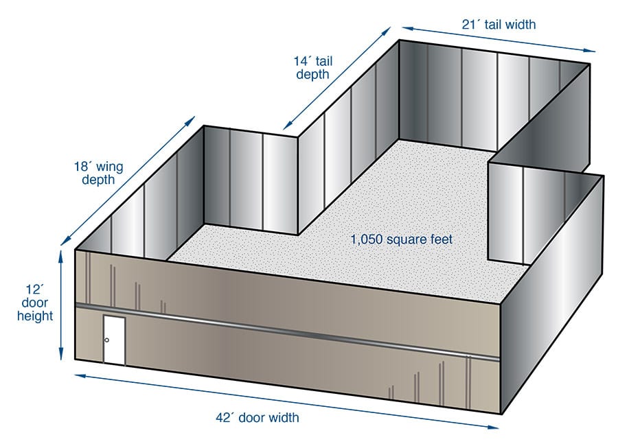 L-shaped building diagram, 1050 sq ft area, 12' height, 42' width, with depth details.