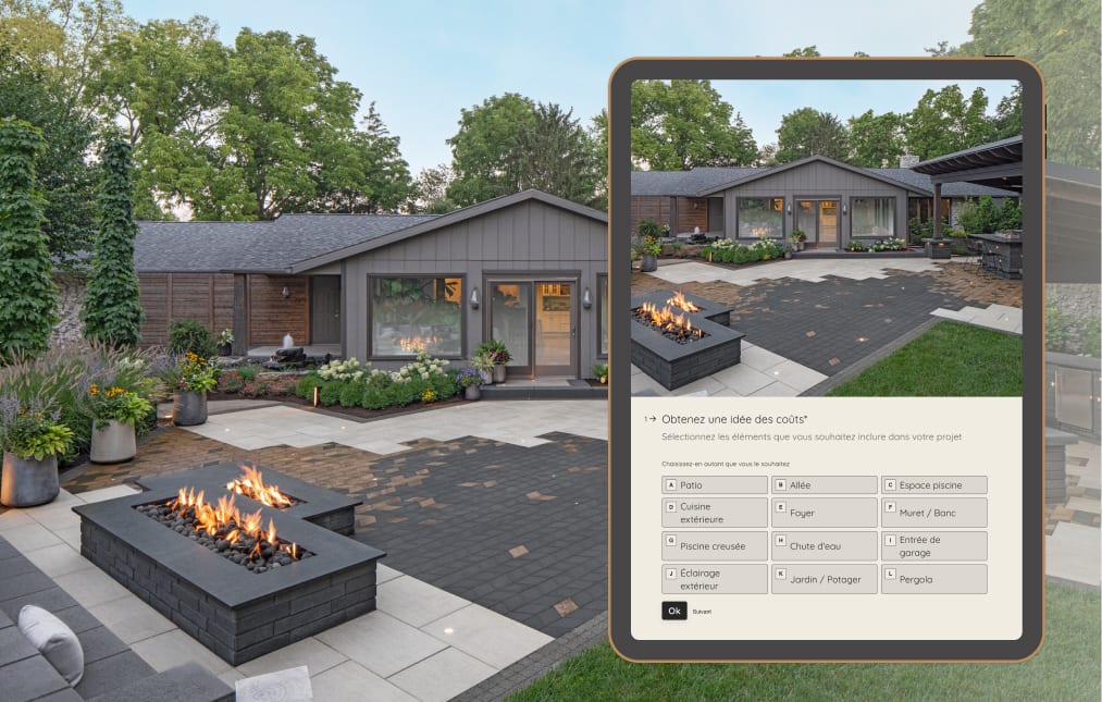 Aerial view of a backyard complete with a dining area, firepit and walkway.