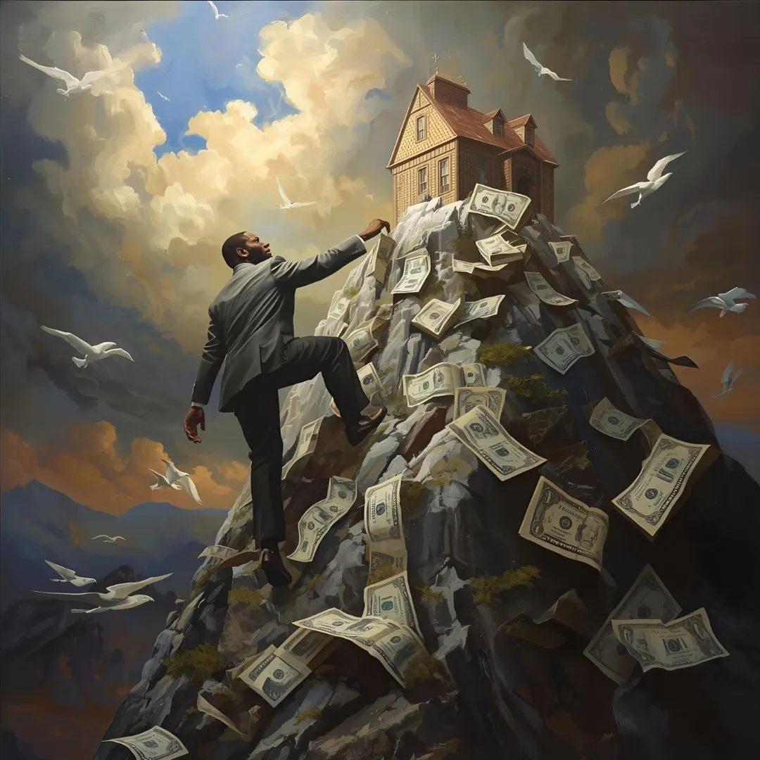 A man climbs a money-covered mountain towards a house under a cloudy sky, with birds flying.