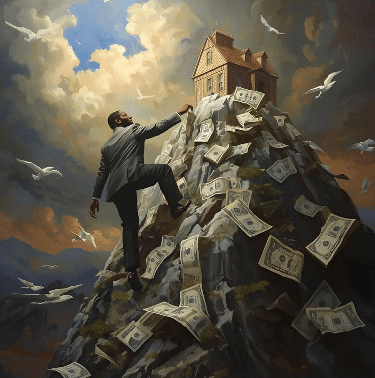 Man climbs a money mountain to a house on top, with birds flying in a dramatic sky.