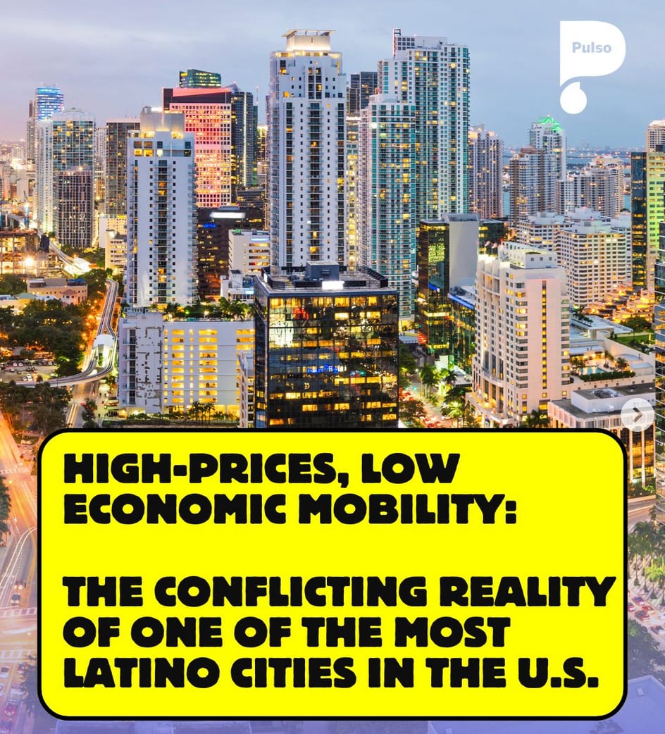 Miami skyline at night. Text: High prices, low economic mobility in a major Latino US city.