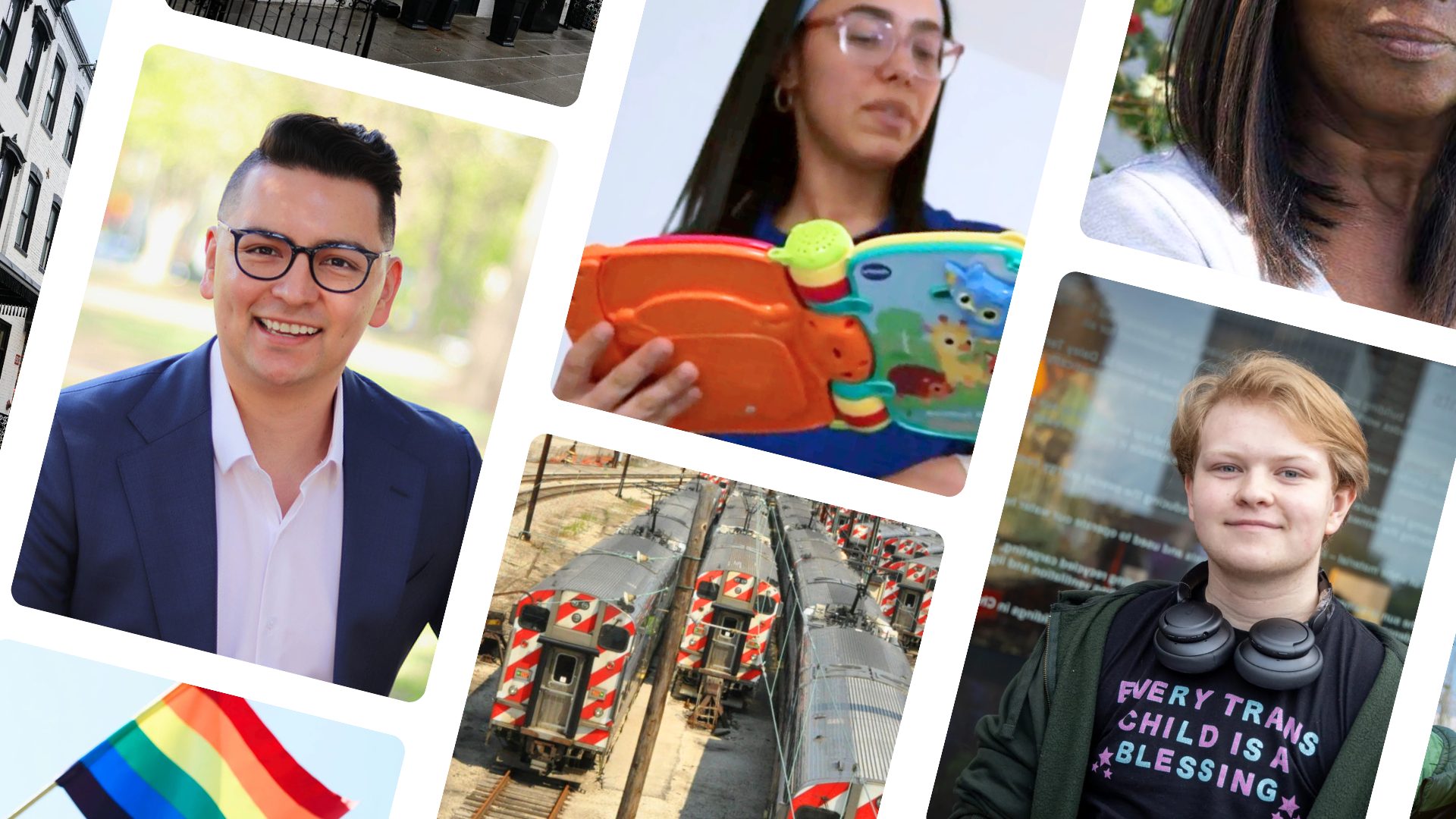 Collage of a smiling man, person in trans-positive shirt, trains, woman with toy, and a pride flag.
