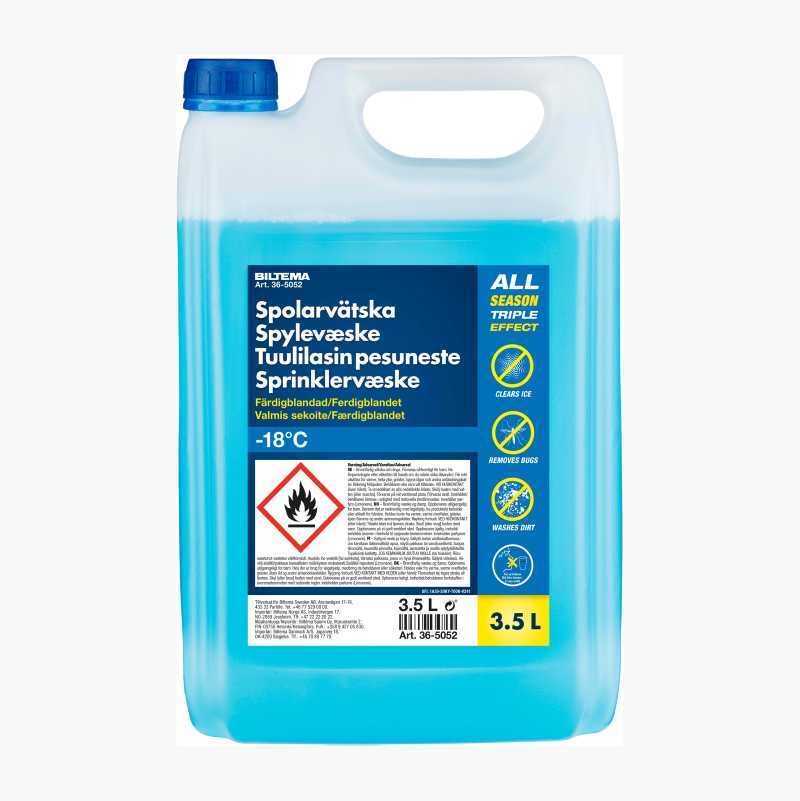 Biltema 3.5L windshield washer fluid, -18°C, all season triple effect (clears ice, removes bugs, washes dirt).