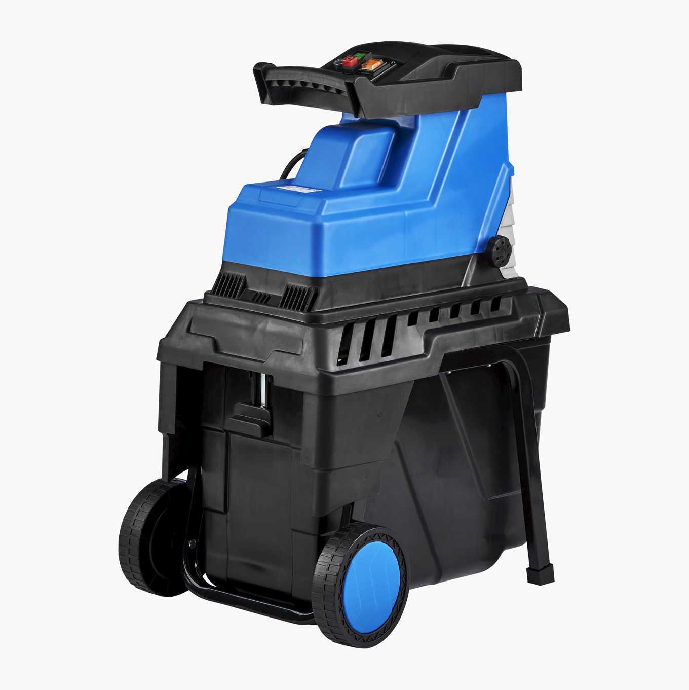 Blue and black electric garden shredder with wheels and an input chute for processing yard waste.