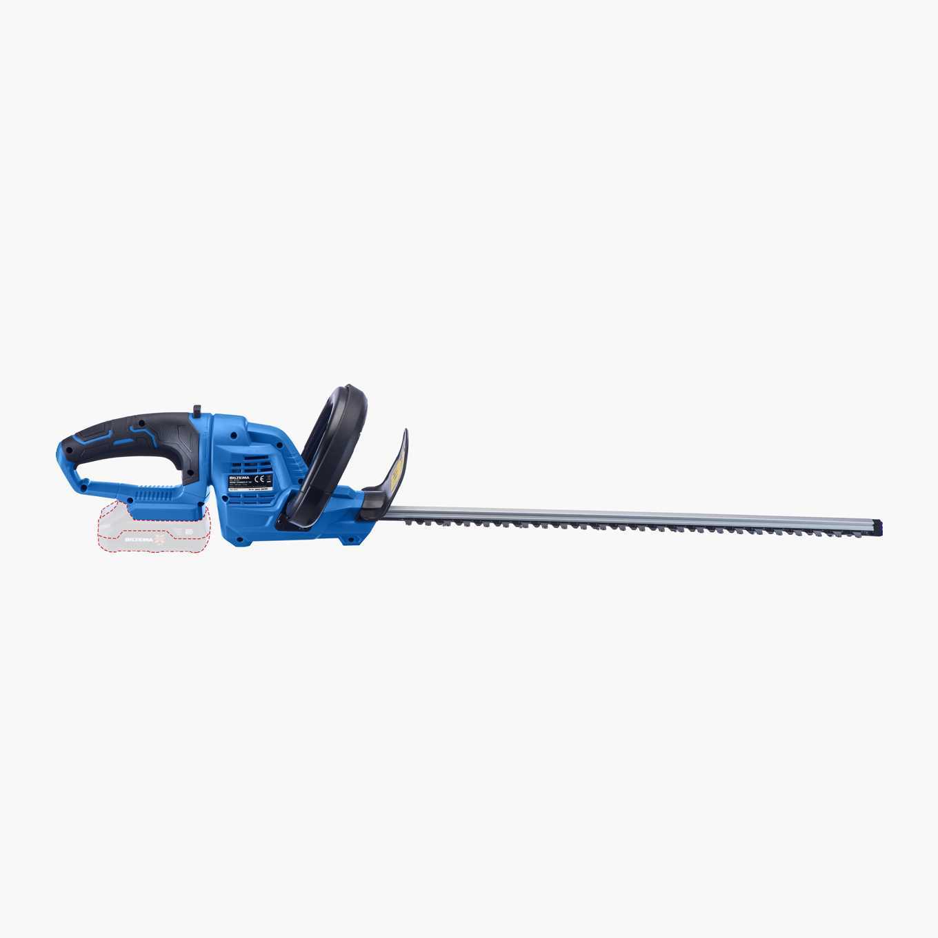 Blue cordless hedge trimmer with a long blade.