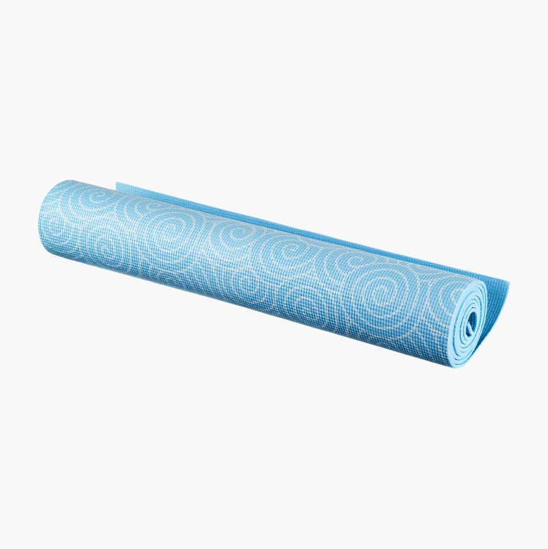 Blue yoga mat with a white swirl pattern, partially rolled.