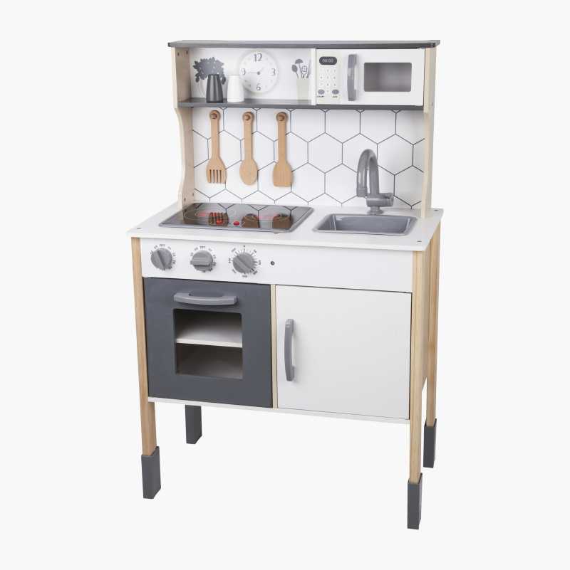 White, gray, and wood toy kitchen set with sink, stove, oven, and microwave.