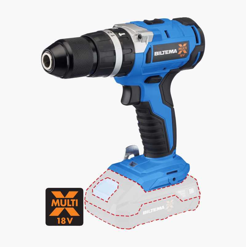Blue and black Biltema Multi 18V cordless drill, shown without battery.