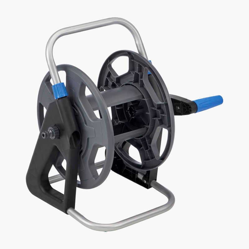 Grey and black hose reel with blue handle and silver frame.
