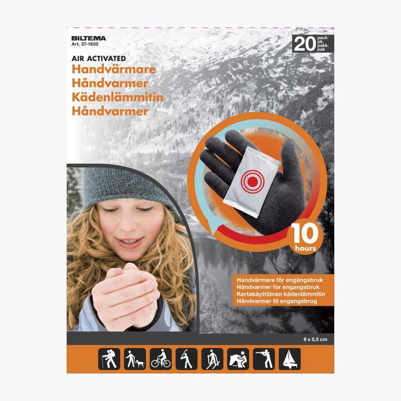 Biltema air-activated handwarmers (20-pack, 10 hours) for outdoor activities, with a woman.