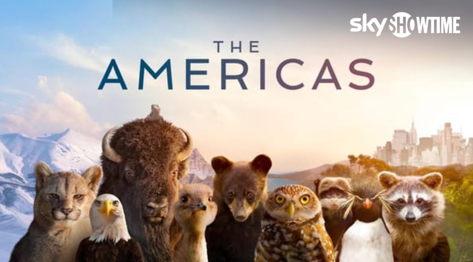Poster for 'The Americas' series: diverse animals with mountains and city skyline, Sky Showtime logo.