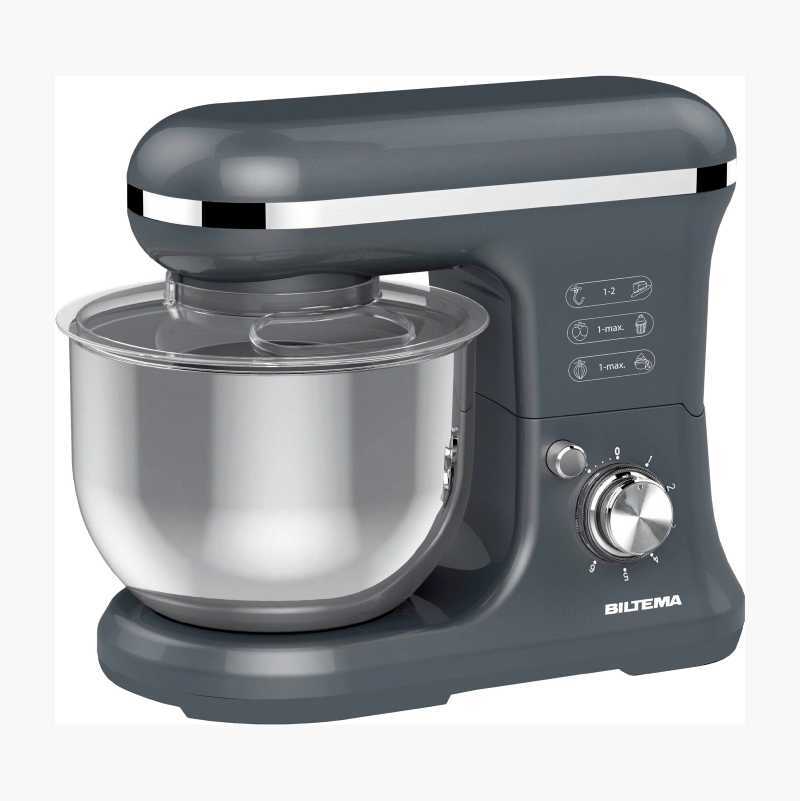 Dark grey stand mixer with a stainless steel bowl, transparent splash guard, and speed dial.
