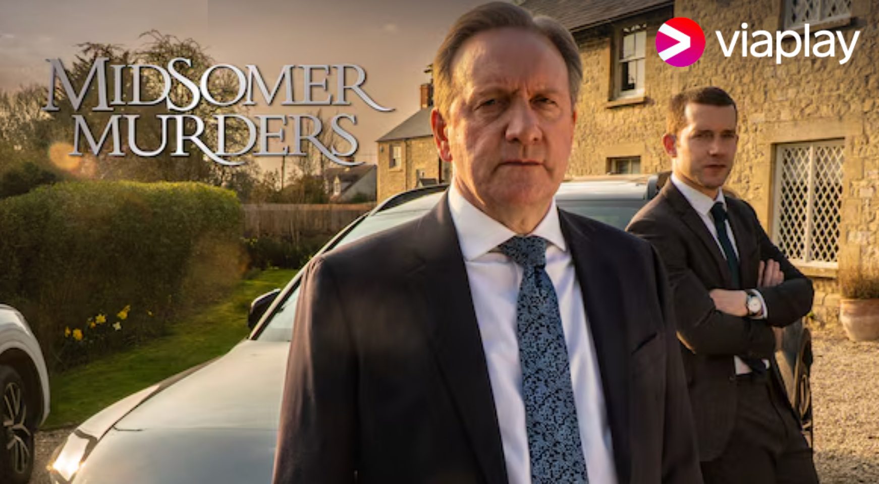 Midsomer Murders poster: Two suited detectives, older and younger man, outside a house. Viaplay logo.