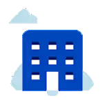 Blue building icon with white windows and door, cloud.