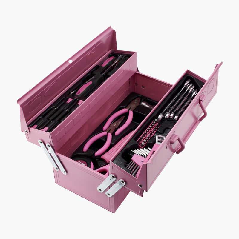 Open pink multi-tiered toolbox filled with various tools, many with pink handles.