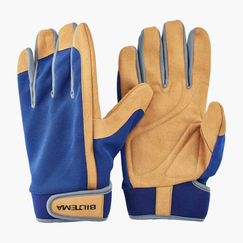 Pair of blue and tan work gloves with the BILTEMA logo.