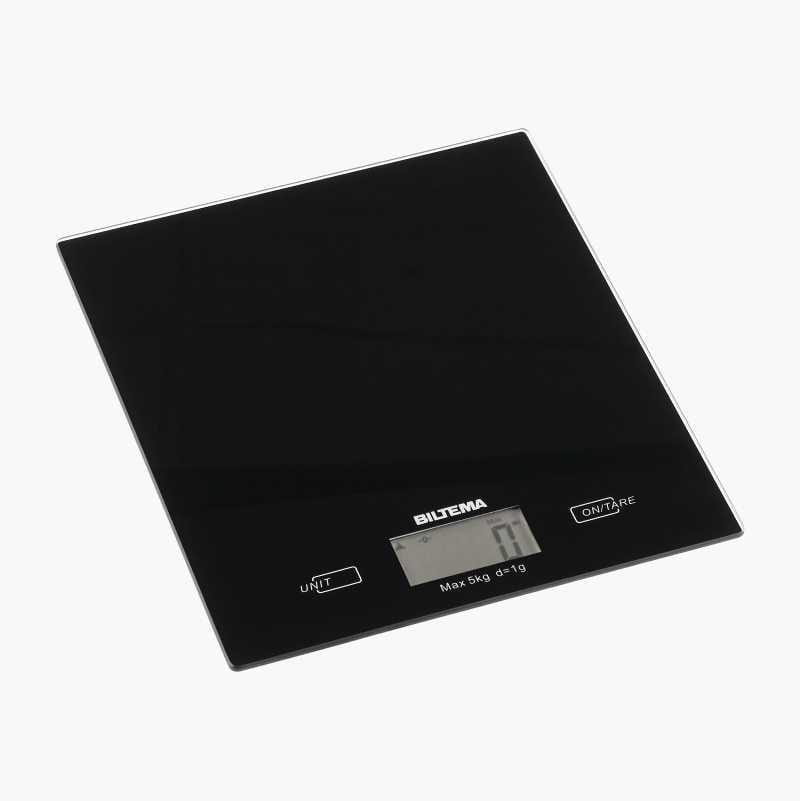 A sleek black Biltema digital kitchen scale displaying '0', with 'UNIT', 'ON/TARE' buttons, Max 5kg d=1g.