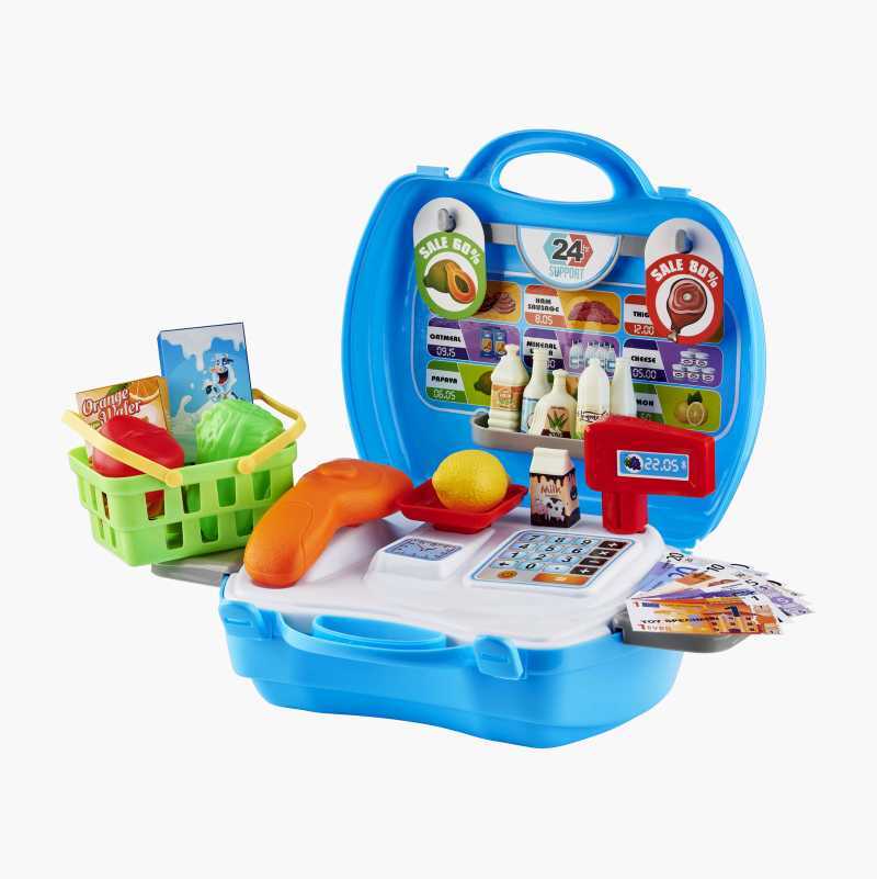 A blue portable toy supermarket playset with a shopping basket, scanner, cash register, and various toy food items.
