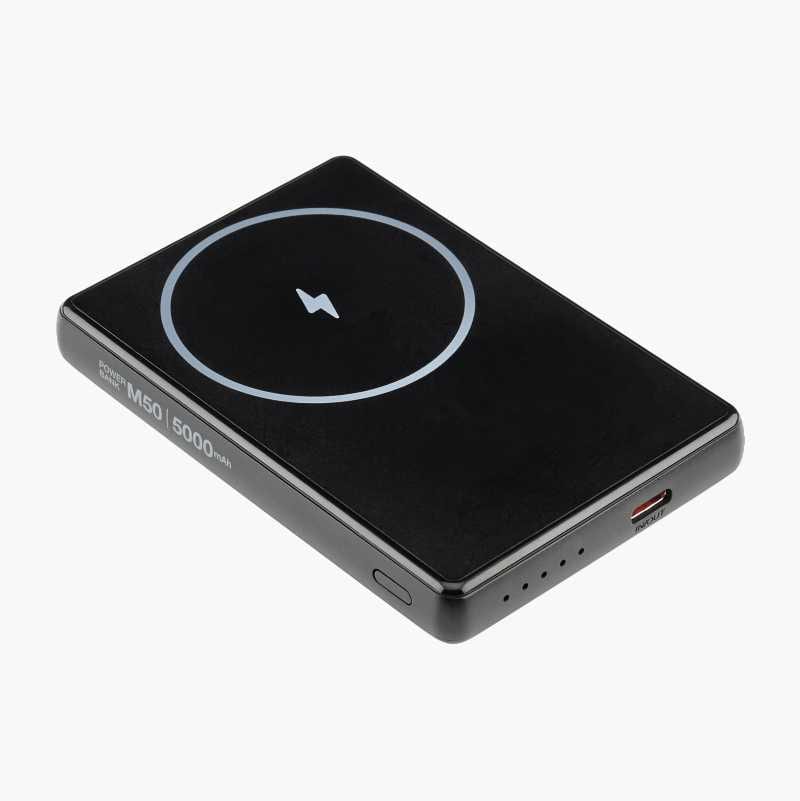 Black power bank with wireless charging symbol and "POWER BANK M50 5000mAh" text.