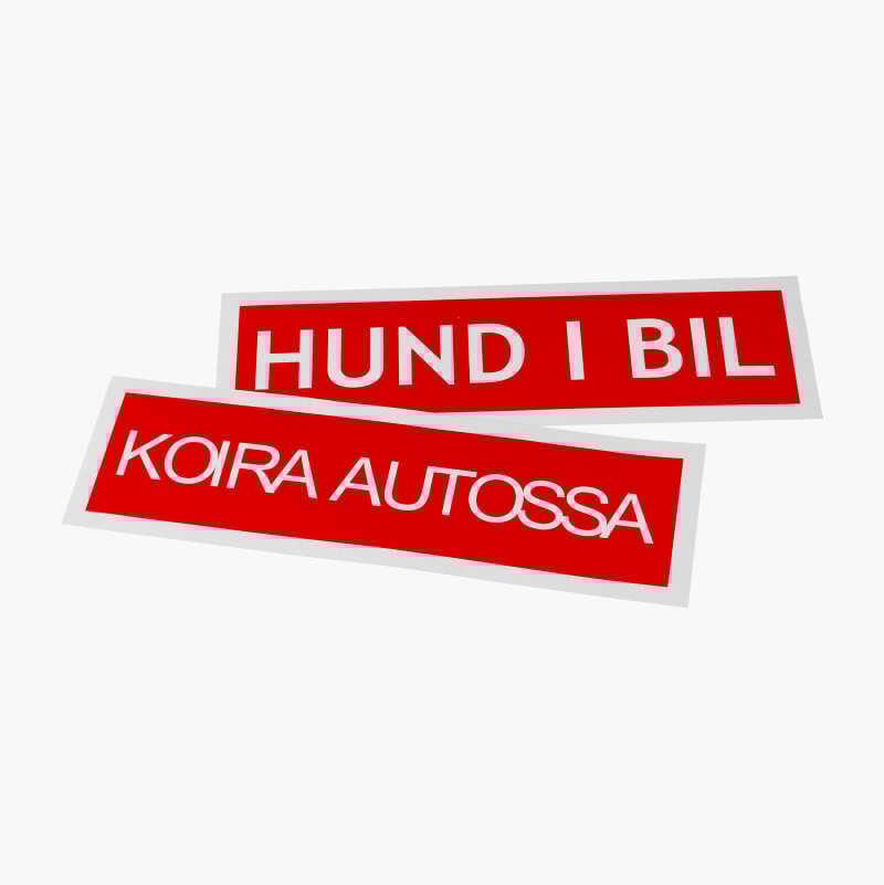 Two red signs reading "HUND I BIL" and "KOIRA AUTOSSA" (Dog in Car).