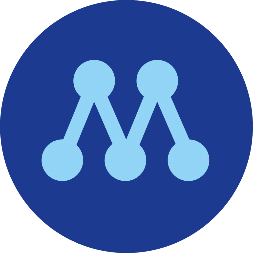 A blue circle with a light blue stylized letter 'M' formed by interconnected dots and lines.