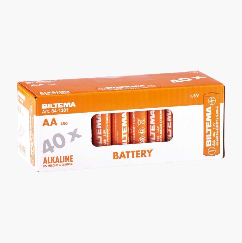 Biltema AA LR6 Alkaline 40-pack batteries in an orange and white box.