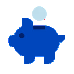 Blue piggy bank, coin dropping.