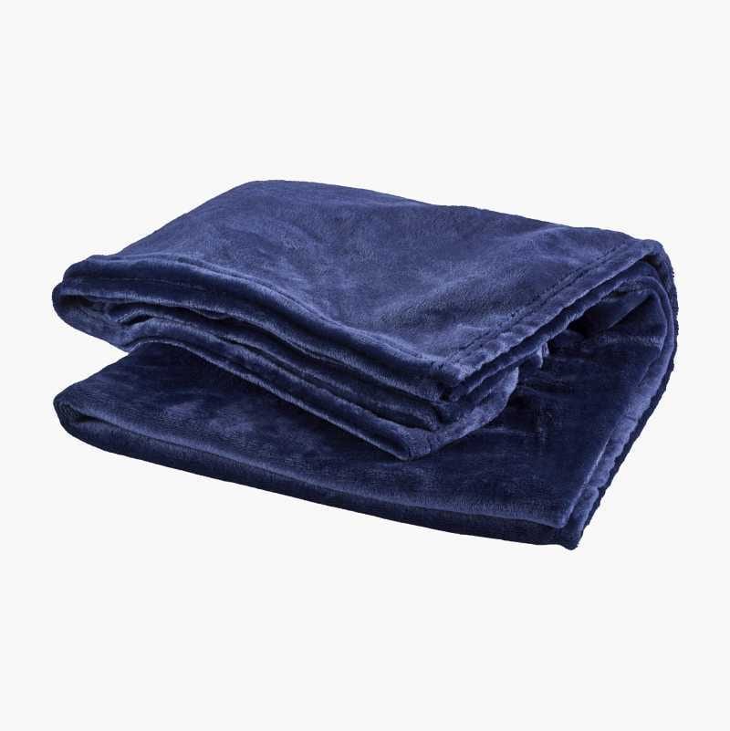 A navy blue folded plush blanket.